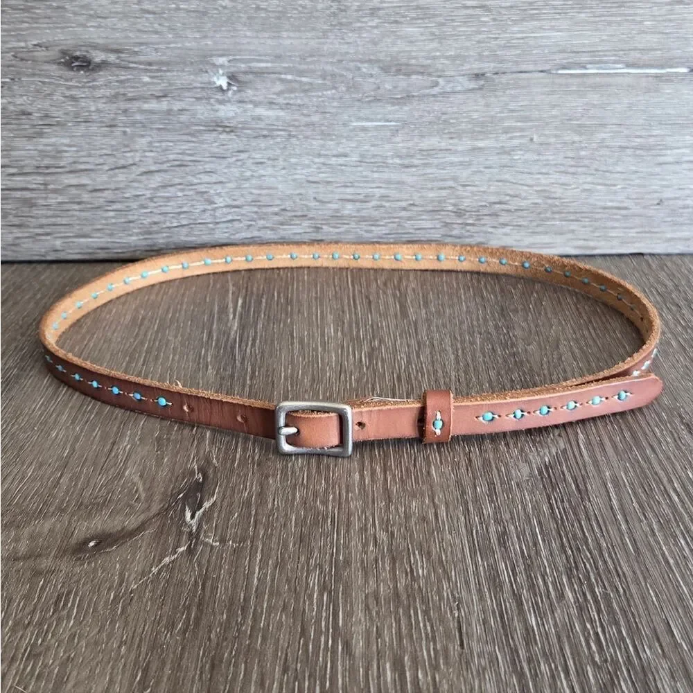 Target Brown Skinny Leather Belt with Turquoise Bead Accents Small